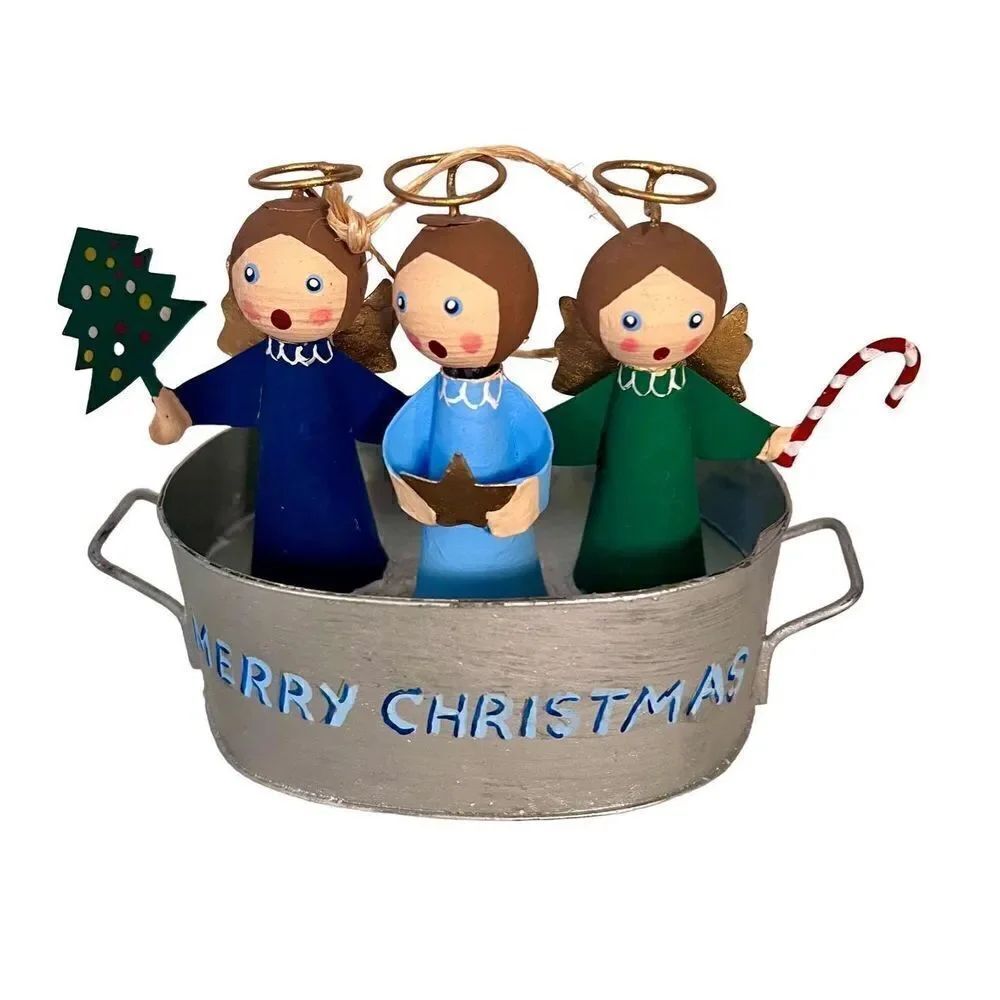 Singing Angels Peg People Ornament With Merry Christmas Hand-painted